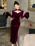 Nukty DRESS TO IMPRESS Temperament Dresses Women Hollow Out Flare Long Sleeve French Style Chic Hollow Out Velvet Dress Sexy Vintage Party
