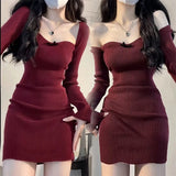 Nukty Girls Sexy Knitted Dress Square Collar Christmas Red Knitted Skirt Autumn and Winter Underlay Skirt Knitted Wrap Hip Skirt