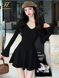 Nukty Autumn Solid Knitted Dresses for Women Elegant Fashion V-Neck Slim Evening Party Mini Dress Female A-Line Casual Vestidos Mujer