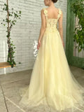 Nukty Yellow Floral Prom Dresses Lace Applique Tulle with Belt Spaghetti Strap Long Sweep Train Graduation Homecoming Evening Gowns