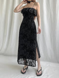 Nukty Floral Mesh Double Layers Sleeveless Sundress Black Turn-down Ruffle Strapless Straight Long Dress Beach Holiday Robe