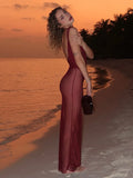 Nukty Women Red Mesh Patchwork Maxi Dress Sexy See Through Sleeveless Bodycon Long Dresses Lady Vocation Beach Vestidos