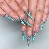 Nukty 24Pcs Long Stiletto False Nails with Glue Almond Fake Nails with Gold Foil Gradient Green Full Cover Nail Tips Press on Nails
