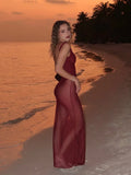Nukty Women Red Mesh Patchwork Maxi Dress Sexy See Through Sleeveless Bodycon Long Dresses Lady Vocation Beach Vestidos