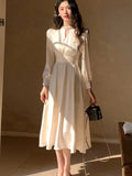 Nukty Spring New Elegant French Satin Vintage Midi Dress Office Lady Lace-up Long Sleeves Slim Wasit Korean Chic Vestidos Basics