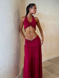 Nukty Weird Puss Ruched Elegant 2 Piece Set Women Halter Backless Crop Camisole+Elastic Waist Ruffles Long Skirts Street Trend Suits