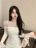 Nukty Sexy Mini Lace Dress Women Off Shoulder Bandage Ladies Dresses Patchwork Mesh Ruffles Slim Stretch Elegant Knit Vestidos