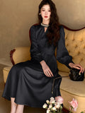 Nukty Elegant French Satin Vintage Midi Dress Spring New Office Lady Lace-up Long Sleeves Slim Wasit Korean Chic Vestidos Basics