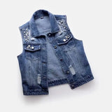 Nukty Denim Women Vest Luxury Pearls Fashion Ripped Autumn Plus Size Jeans Jacket Sleeveless Loose Short Coat Causal Waistcoats
