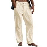Nukty New Men's Cotton Linen Pants Summer Solid Color Breathable Linen Trousers Summer elastic waist drawstring loose pants