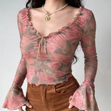 Nukty Women'S Spring Summer Mesh Tops Long Flared Sleeve V Neck Ruffled Lace Up Slim Blouses Rose Printed Floral Korean Shirts Retro