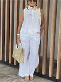 Nukty Simple Cotton Linen Women's Suits Summer Fashion Sleeveless Loose Blouse Wide Leg Pants Two Piece Set For Women Casual Outfits