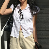 Nukty Top Women White Shirt Ruffle Lace Top See Through Blouses Turn Down Collar Shirts Short Sleeve Tees Street Women Clothing