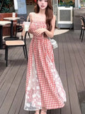 Nukty French Plaid Spliced Lace Strapless Dress Women's Spring Summer New Retro Waist Hugging Design Niche Long  Vestidos New