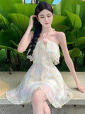 Nukty Summer Halter Mini Dress for Women French Style Off Shoulder Backless Ruffles Princess Birthday Party Dresses Slim Vestidos New