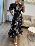 Nukty Women Floral Print Long Dress Summer Casual  Turn-down Collar Half Sleeve Loose Big Swing Dress Female Vintage  Beach Maxi Dress