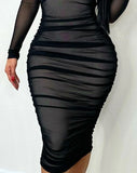 Nukty Elegant Evening Party Dresses for Women Sexy Plunge Sheer Mesh Party Dress Autumn Winter Spring New Fashion Casual