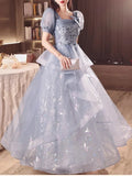 Nukty Customized Fairy Exquisite Square Collar Puff Sleeve Elegant Sleeve Floral Appliques Bow Slim Waist A-line Vestidos Wave Edge Ti