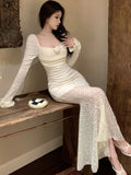 Nukty Women Sexy Solid Lace Long Dresses Autumn Off Shoulder Bodycon Mermaid Spring Birthday Evening Party Prom Robe Vestidos New