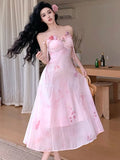 Nukty Elegant Floral Print Midi Dress for Women Pink Spaghetti Strap V-neck Birthday Party Dresses Summer A-line Prom Casual Vestidos
