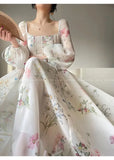 Nukty French Style Print Dress Spring Summer Party Long Sleeve Square Collar Dress for Women Elegant Sweet A Line Mini Dress