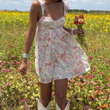 Nukty Floral/Striped Flowy Dress Fairy Cottage Ruffles Strap A-line Dress Boho Beah Backless Loose Fit Mini Dress Y2k Streetwear