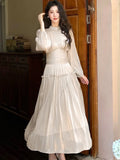 Nukty New Elegant Chic French Pleated Solid Dress Puff Sleeves Slim Wasit Midi Women's Dresses Party Prom Female Clothes Mujer