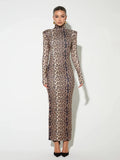 Nukty Leopard Print Long Sleeve Sexy Maxi Dress For Women Autumn Winter Fashion Elegant Turtleneck Printed Bodycon Long Dress