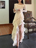 Nukty Y2K Solid Jacquard Irregular Dress Women Layered Ruffles Slim Sexy Party Dress Autumn New Prom Robe Wedding Vestidos Mujer New