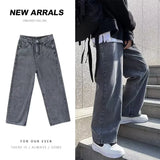 Nukty New Men Casual Long Jeans Fashion Classic Male Loose Straight Wide Leg Denim Pants Solid Color Light Blue Grey Black 3XL