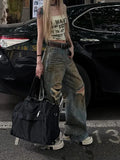 Nukty Blue Womens Jeans High Waist Vintage Y2K 2000s Summer Denim Pants Ripped Streetwear American Wide Leg Baggy Denim Trouser