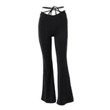 Nukty Sexy High-waist Bell-bottoms Women Slim Fit Lace Up Casual Skinny Pants Y2K Harajuku Street Elastic Wide Leg Trousers