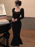 Nukty Elegant French Black Long Mermaid Dresses for Women Autumn Winter Square Collar Puff Sleeve High Waist A-Line Vestidos Mujer New