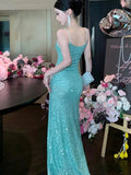 Nukty Women's Sexy Green Evening Dresses Slim Backless V-Neck Split Gown Long Dress Fashion Robe Birthday Party Vestidos Spring Autumn