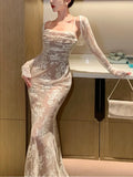 Nukty Vintage Elegant Bandage Mermaid Dress White Lace Wedding Evening Prom Robe Women Summer Bodycon Spaghetti Straps Vestidos Mujer