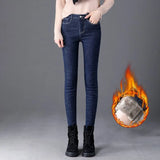 Nukty Oversized Slim Velvet Lined Jeans Pencil Pants Winter Women Plush Stretch Vaqueros Trousers Mid Waist Thicken Warm Denim Spodnie