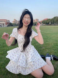 Nukty High Waist Dress Women Summer Floral Sweet Square Collar Puff Sleeve Princess Girlish Tender Elegant Korean Style Preppy Chic