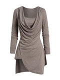 Nukty Autumn New Womens Tops Asymmetric Hem Cowl Neck Heathered T-shirt Mock Button Long Sleeve Casual Tee Womens Fashion