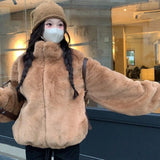 Nukty Chic Women's Faux Fur Coat Thick Warm Women Winter Jacket Furry Artificial Fur Outerwear Zipper Brown Short Jackets