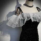 Nukty Sparkling Black Satin Mermaid Evening Dress with Spaghetti Strap Organza Ruffled Slim Fitting Sexy Leg Split Prom Gown