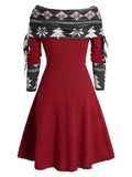 Nukty Long Sleeve Colorblock Dress Christmas Dress Tree Snowflake Print Cinched Godet A Line Mini Robe For Women