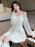 Nukty Elegant Princess Mini Dress for Women Sequin Off Shoulder Ruffle Long Sleeve A-Line Vestidos Vintage Korean Female Short Dresses
