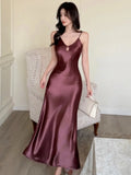 Nukty Summer Spring Satin Womens Dresses Sexy Spaghetti Strap V-neck Evening Party Long Dress Slim Waist Vestidos Robe Female Clothes