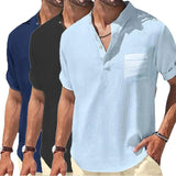 New Men's Short Sleeve Breathable T-shirts Summer Solid Color Basic Pocket Shirts for Men Oversized Half Button Linen Streetwear