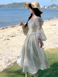 Nukty Autumn Elegant Jacquard Fairy Dress Vintage Court Style Lantern Sleeve Princess Party White Dresses Korean Bandage Vestidos New