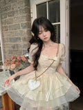Nukty Kroean Y2K Yellow Preppy Style Cake Dress Puff Sleeves Mesh Ball Gown Ruffles Mini Woman Dresses Abend Kleider Spring Summer New