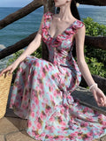 Nukty French Print Ruffles Princess Romantic Fairy Women's Dresses V-Neck Sleeeless Slim Wasit Length Dress Beach Vacation Summer