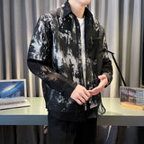 Nukty Summer Fashion White Mesh Shirt  Men Transparent Printing Casual Loose Long Sleeve Tops Streetwear Lapel Party Clubwear Tops