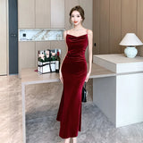 Sexy Vintage Split Velvet Spaghetti Strap Midi Dresses for Women Autumn Winter French Elegant Wedding Party Female Clothing