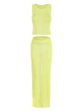 Nukty Sexy Transparent Sleeveless Shiny Camisole Tank Top Long Dress Two Piece Set 2025 Fashion Elastic Waist Wrap Hip Knitted Set K68